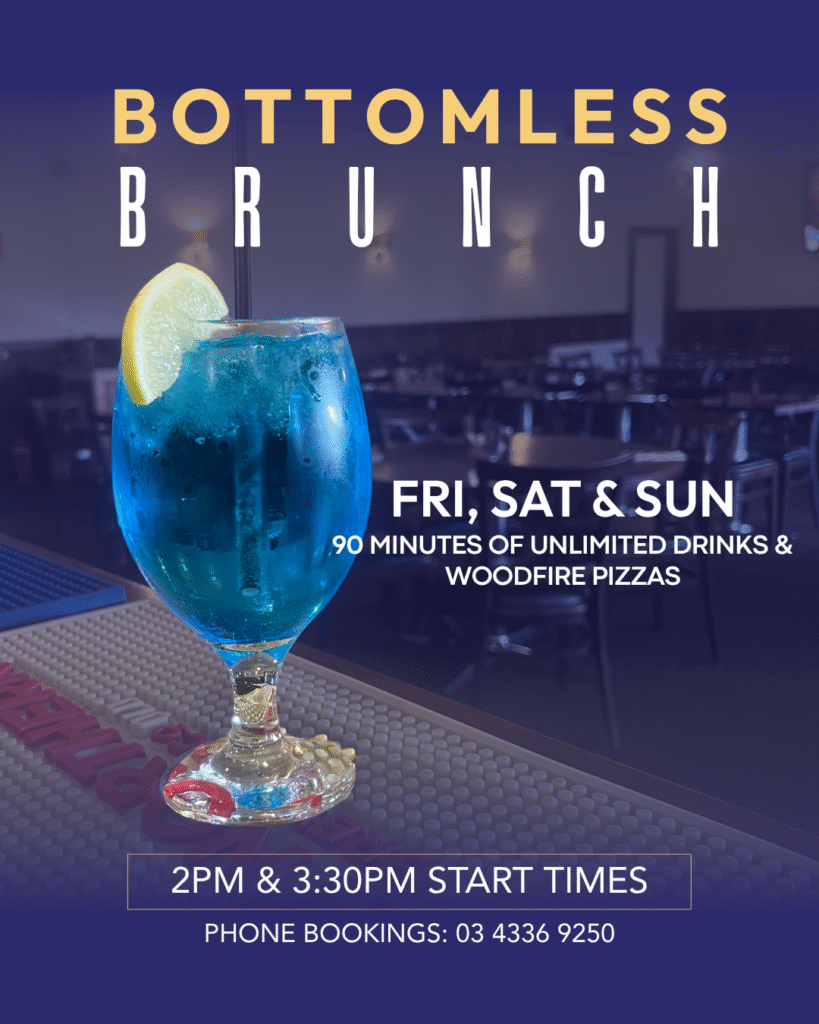 Blue cocktail with lemon served at the bar during Bottomless Brunch at The Courthouse Hotel Smythesdale.