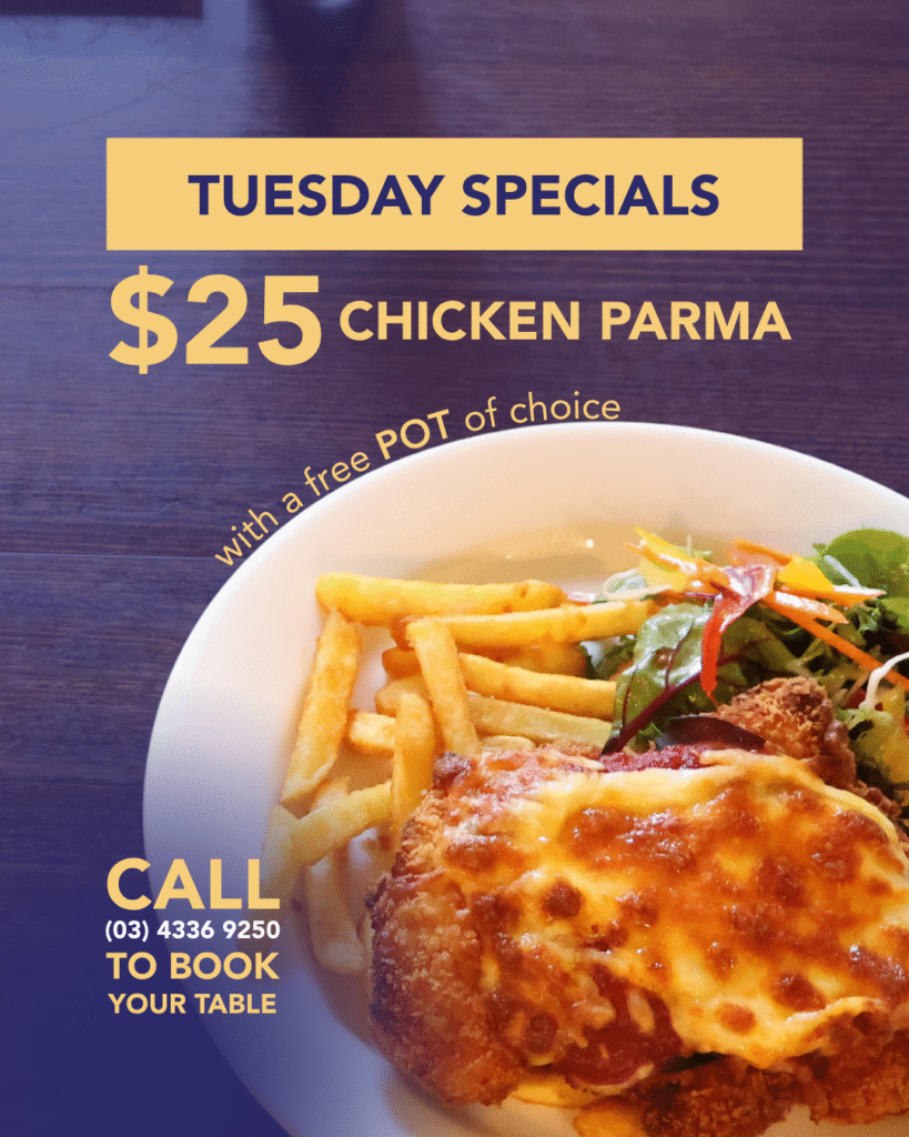 Chicken parma with chips, salad, and pot at The Courthouse Hotel Smythesdale