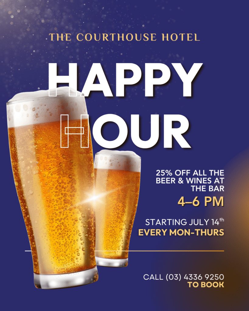 Glass of wine and beer on the bar during Happy Hour at The Courthouse Hotel Smythesdale