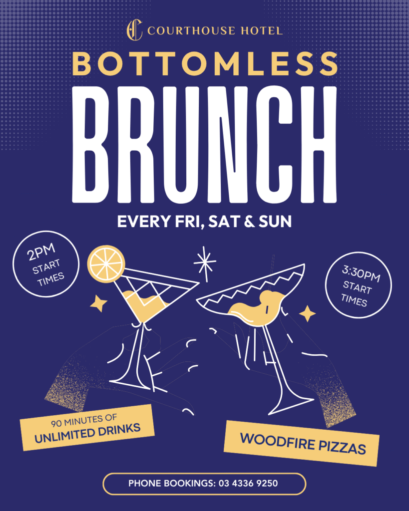 Group enjoying Bottomless Brunch with cocktails and woodfired pizzas at The Courthouse Hotel Smythesdale.