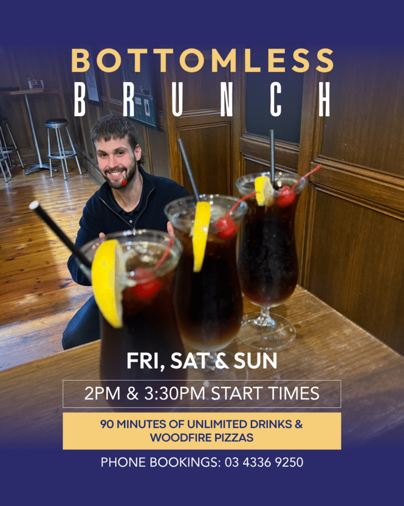 Bottomless brunch table spread with pizza and drinks at The Courthouse Hotel Smythesdale