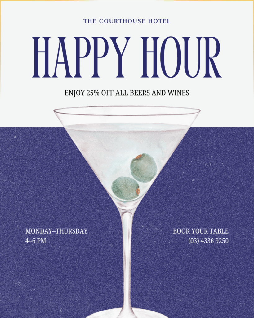 Pint of beer on the bar at The Courthouse Hotel Smythesdale during Happy Hour, available Monday to Thursday.