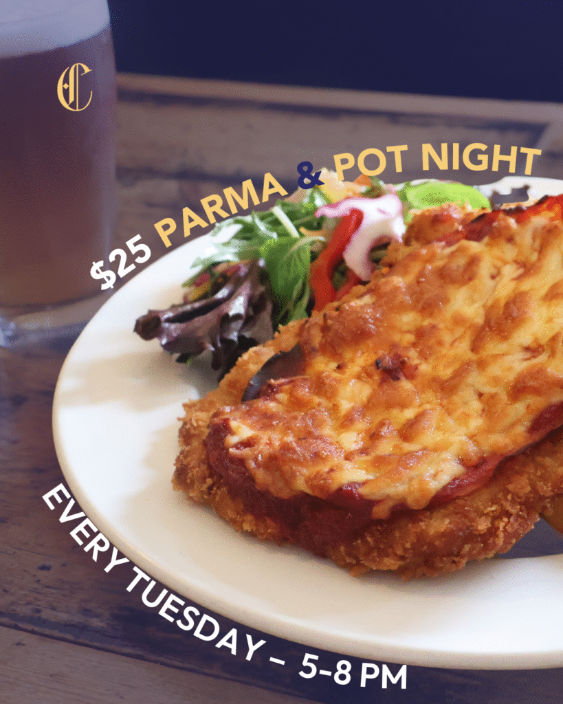 Chicken parma with chips and salad served with a free pot at The Courthouse Hotel Smythesdale.