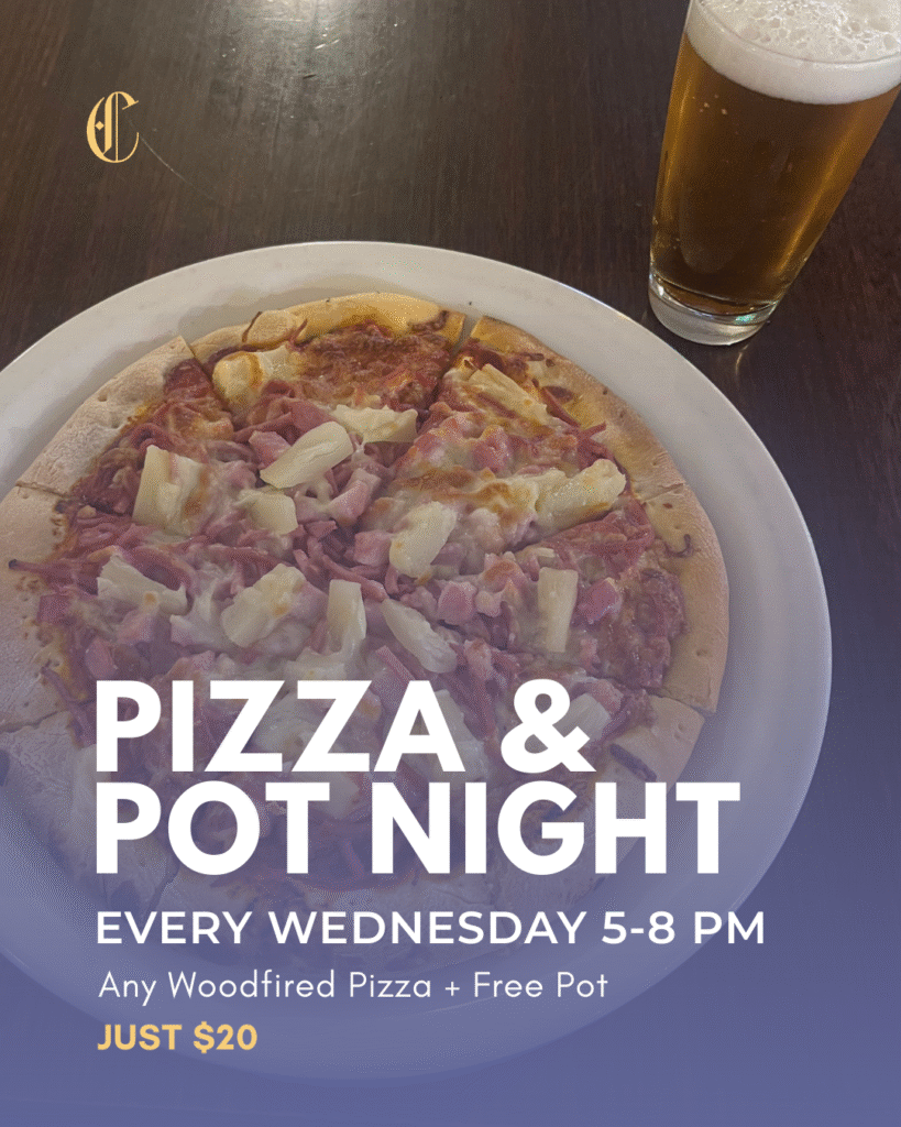 Woodfired pizza and a pot of beer for Wednesday Pizza & Pot Night at The Courthouse Hotel Smythesdale.