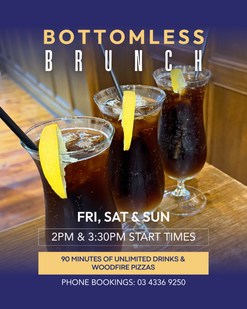 Table with cocktails, beer, wine, and woodfired pizzas served for Bottomless Brunch at The Courthouse Hotel Smythesdale.