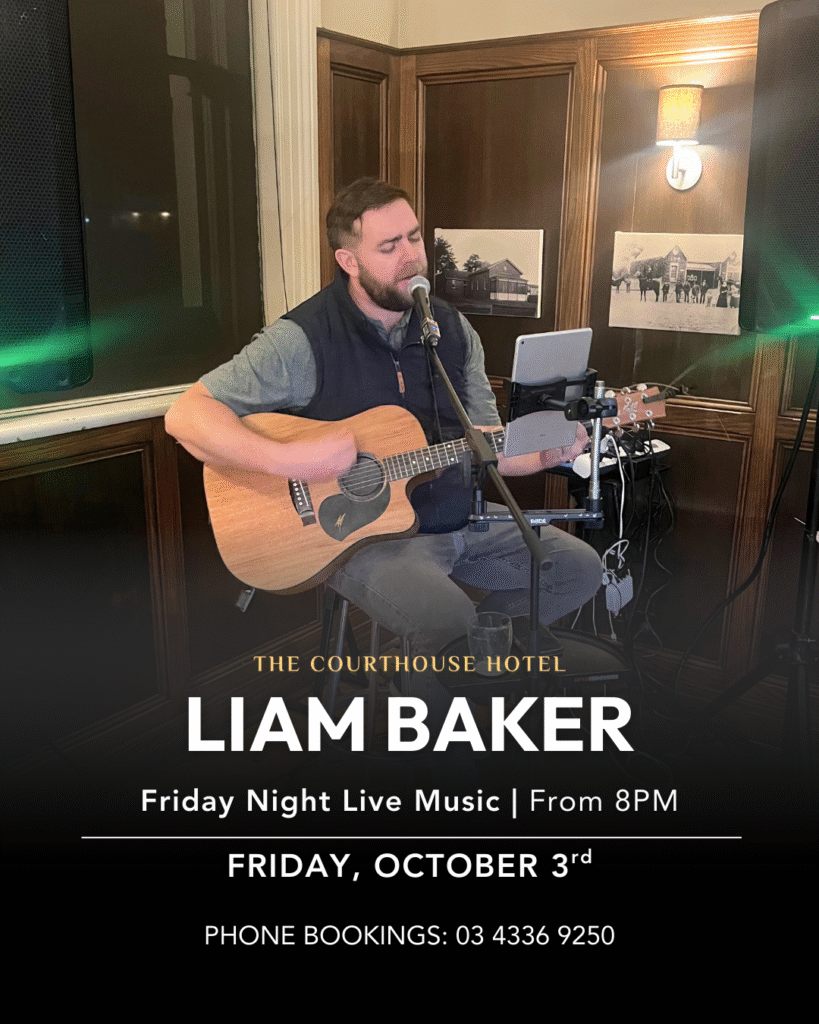 Liam Baker performing live music at The Courthouse Hotel Smythesdale Friday Night.