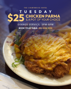 Chicken parma with chips, salad, and pot of beer at The Courthouse Hotel Smythesdale Tuesday Parma Night.