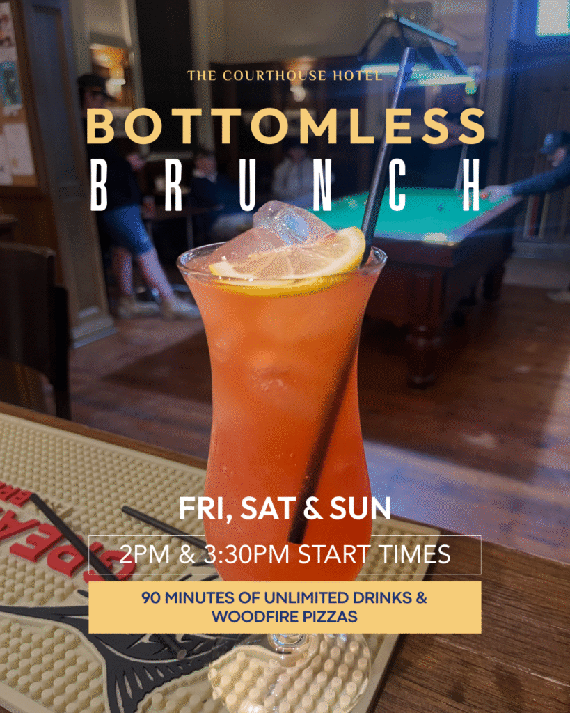 Bottomless Brunch at The Courthouse Hotel Smythesdale with cocktails and woodfired pizzas served every Friday, Saturday, and Sunday.
