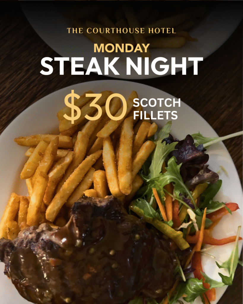 Plate of Scotch Fillet steak with chips and salad served at The Courthouse Hotel Smythesdale for Monday Steak Night.