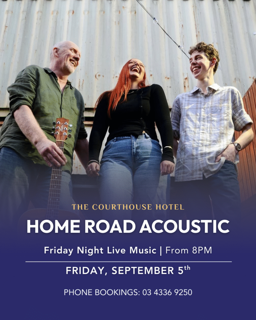 Home Road Acoustics performing live with acoustic guitars on stage at The Courthouse Hotel Smythesdale.