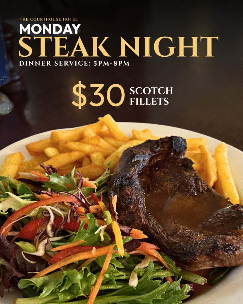 $30 Scotch Fillet steak served at The Courthouse Hotel Smythesdale on Monday Steak Night.