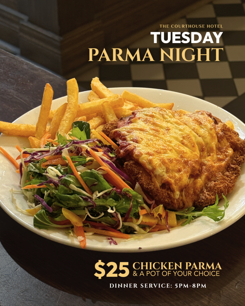 Chicken parma with chips and salad at The Courthouse Hotel Smythesdale for Tuesday Parma Night, $25 with a free pot.