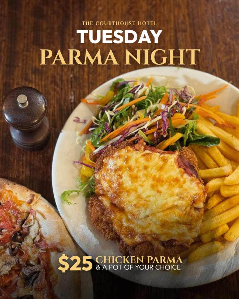 Chicken parma with chips and salad plus a pot at The Courthouse Hotel Smythesdale, Tuesday special from 5 PM.