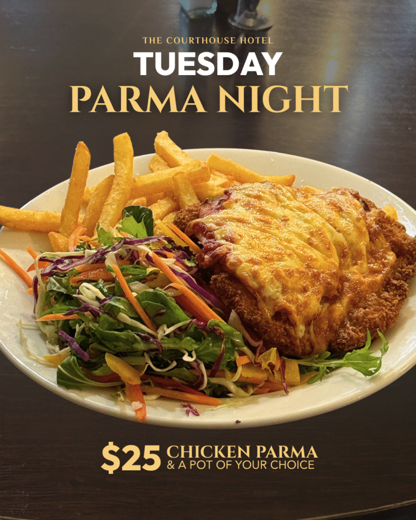 Chicken parma with chips and salad for Tuesday Parma Night at The Courthouse Hotel Smythesdale, $25 with a free pot.