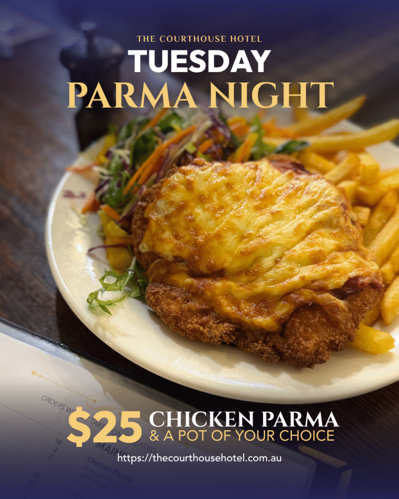 Chicken parma with chips at The Courthouse Hotel Smythesdale, Tuesday Parma Night $25 with a free pot, from 5PM.
