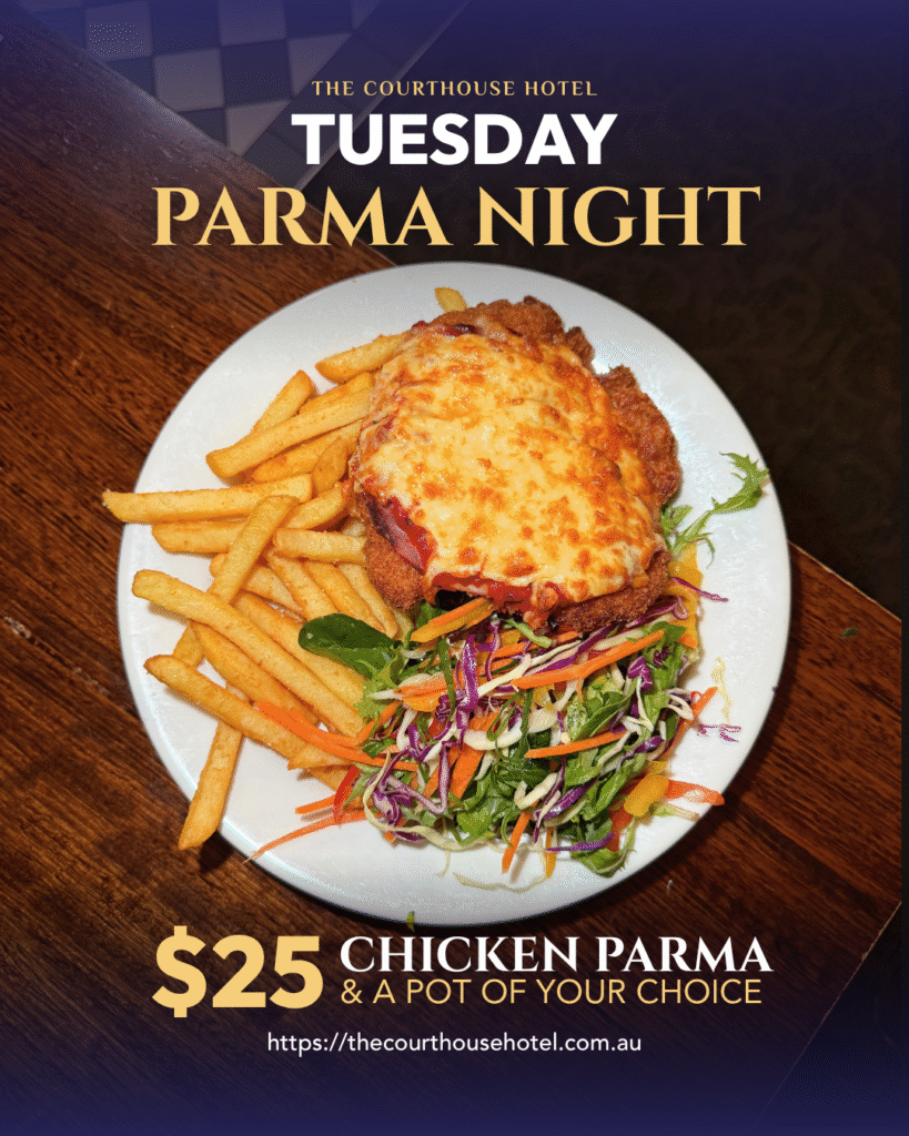 Chicken parma with chips and salad plus a pot of beer at The Courthouse Hotel Smythesdale for Tuesday Parma Night.