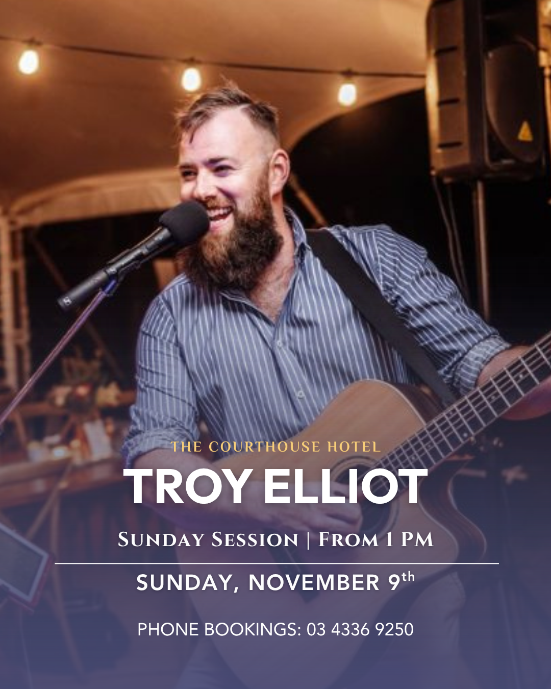 Troy Elliot performing an afternoon Sunday Session at The Courthouse Hotel Smythesdale, Nov 9, 2025, 1PM.