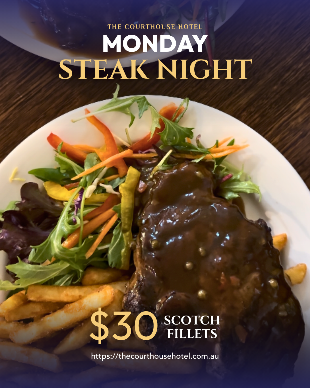Plate of Scotch Fillet steak with sides served in the dining room at The Courthouse Hotel Smythesdale.