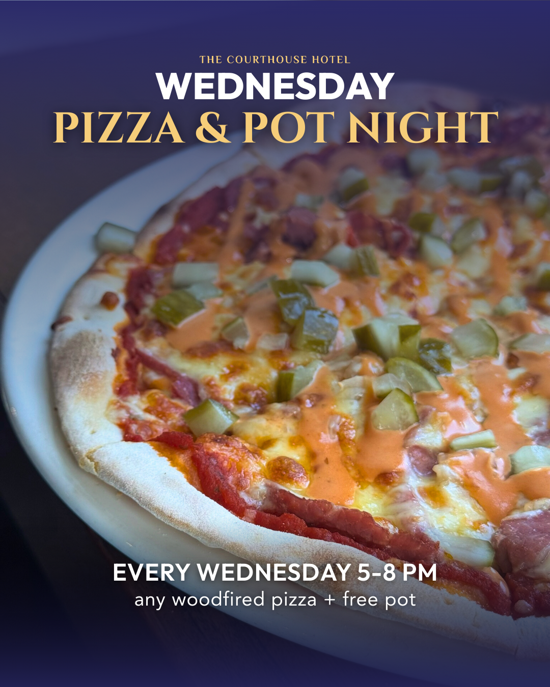 Wood-fired pizza and a pot of beer on a table for Wednesday Pizza & Pot Night at The Courthouse Hotel Smythesdale.