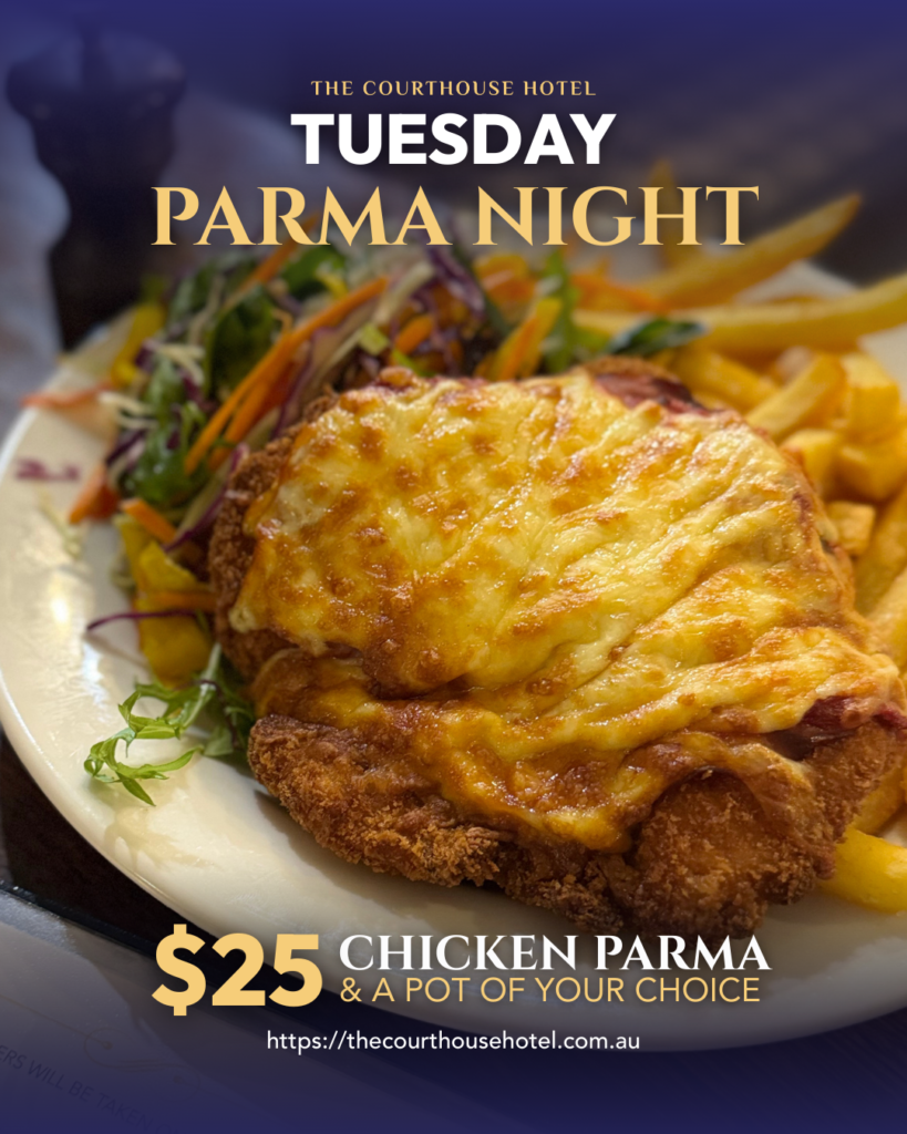 Chicken parma with chips, salad and a pot of beer for Tuesday Parma Night at The Courthouse Hotel Smythesdale.