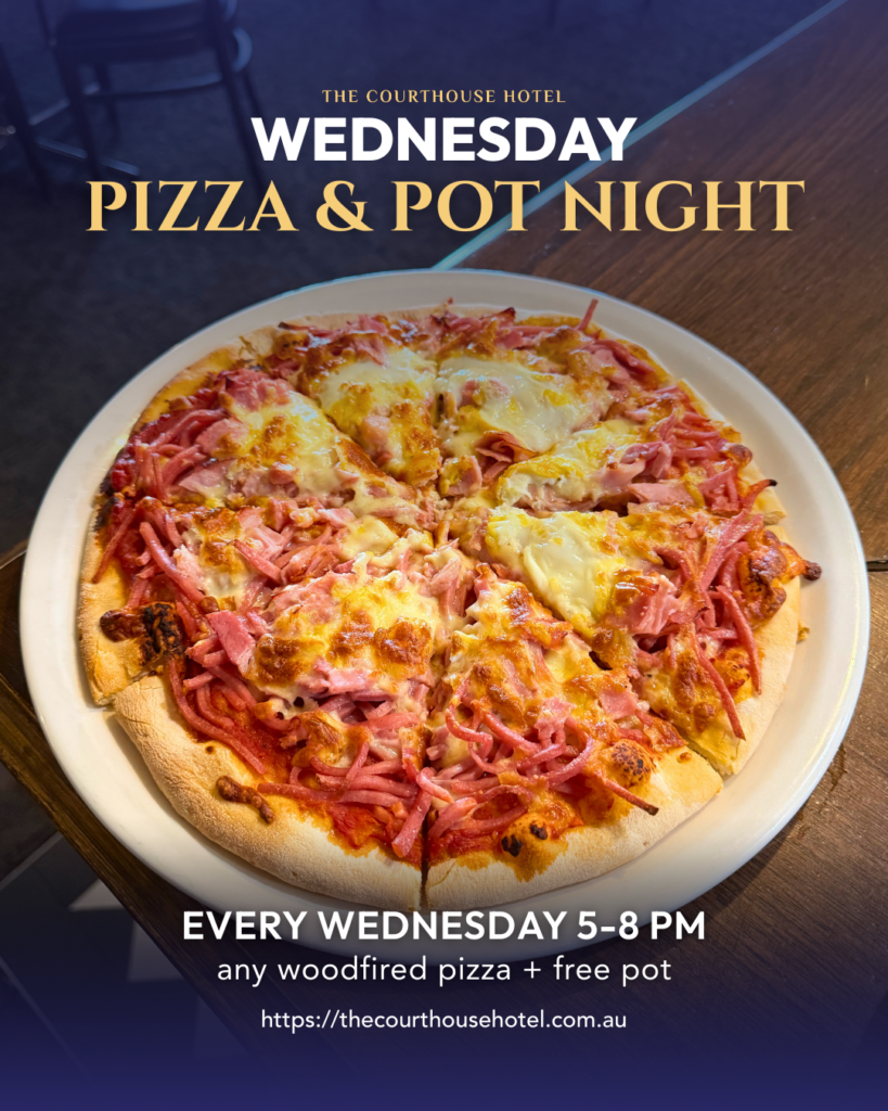 Wood-fired pizza and a pot of beer on a table for Wednesday Pizza & Pot Night at The Courthouse Hotel Smythesdale.