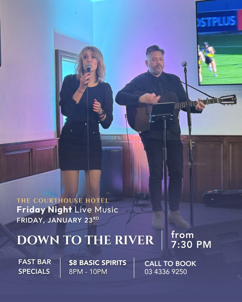 Down to the River duo performing live on stage at The Courthouse Hotel Smythesdale Friday Night Live Music