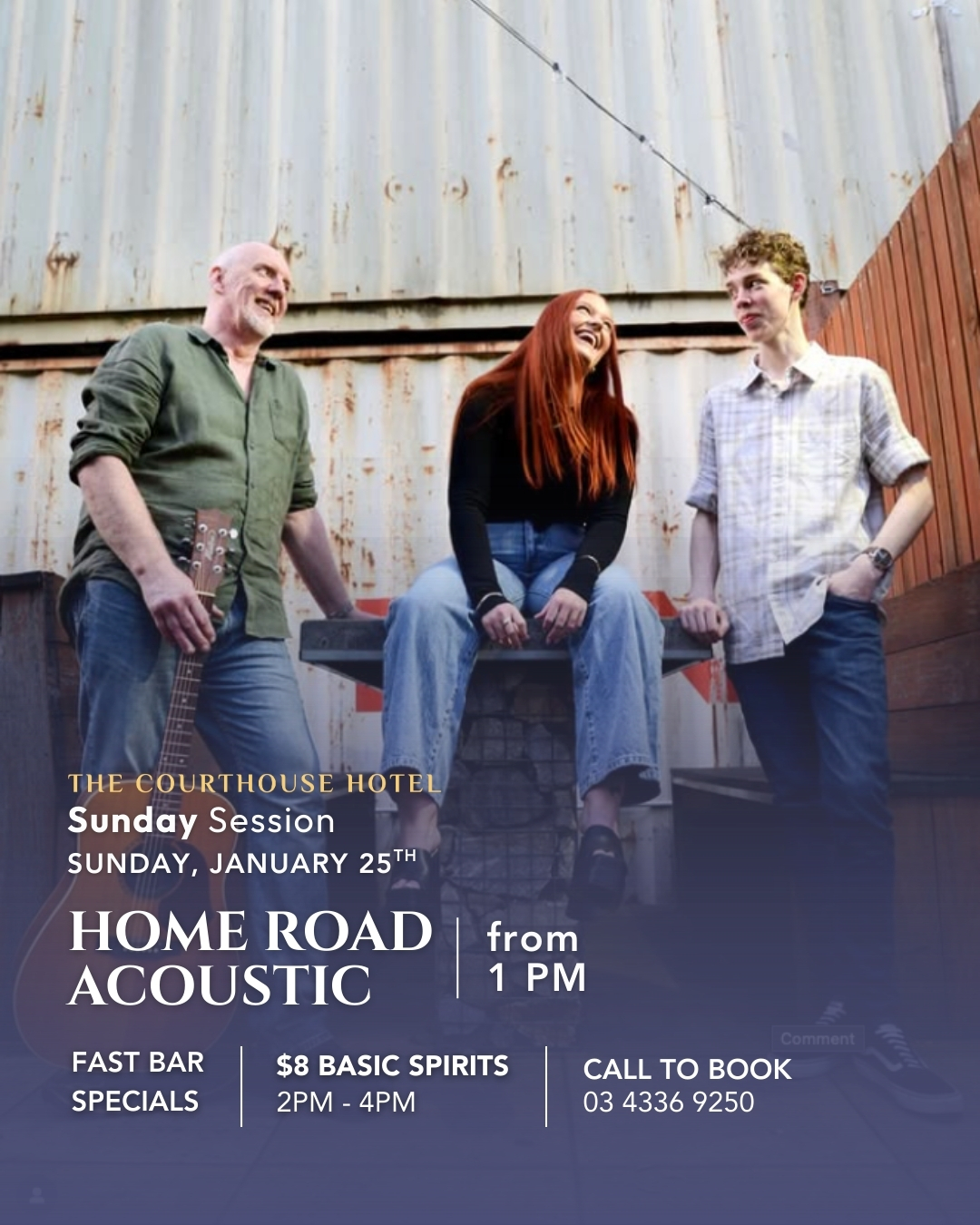 Home Road Acoustic trio laughing together outdoors ahead of their Sunday Session at The Courthouse Hotel Smythesdale, 25 January 2026