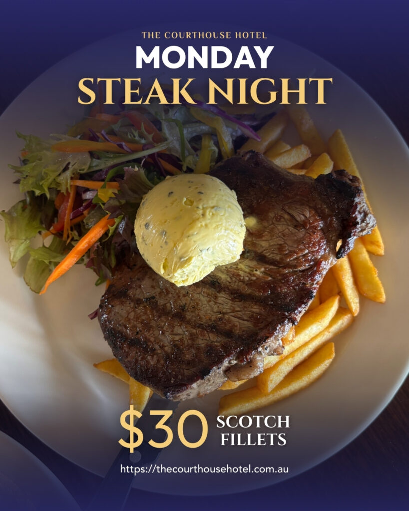 $30 Scotch fillet steak with chips and salad on a plate at The Courthouse Hotel Smythesdale Monday Steak Night.