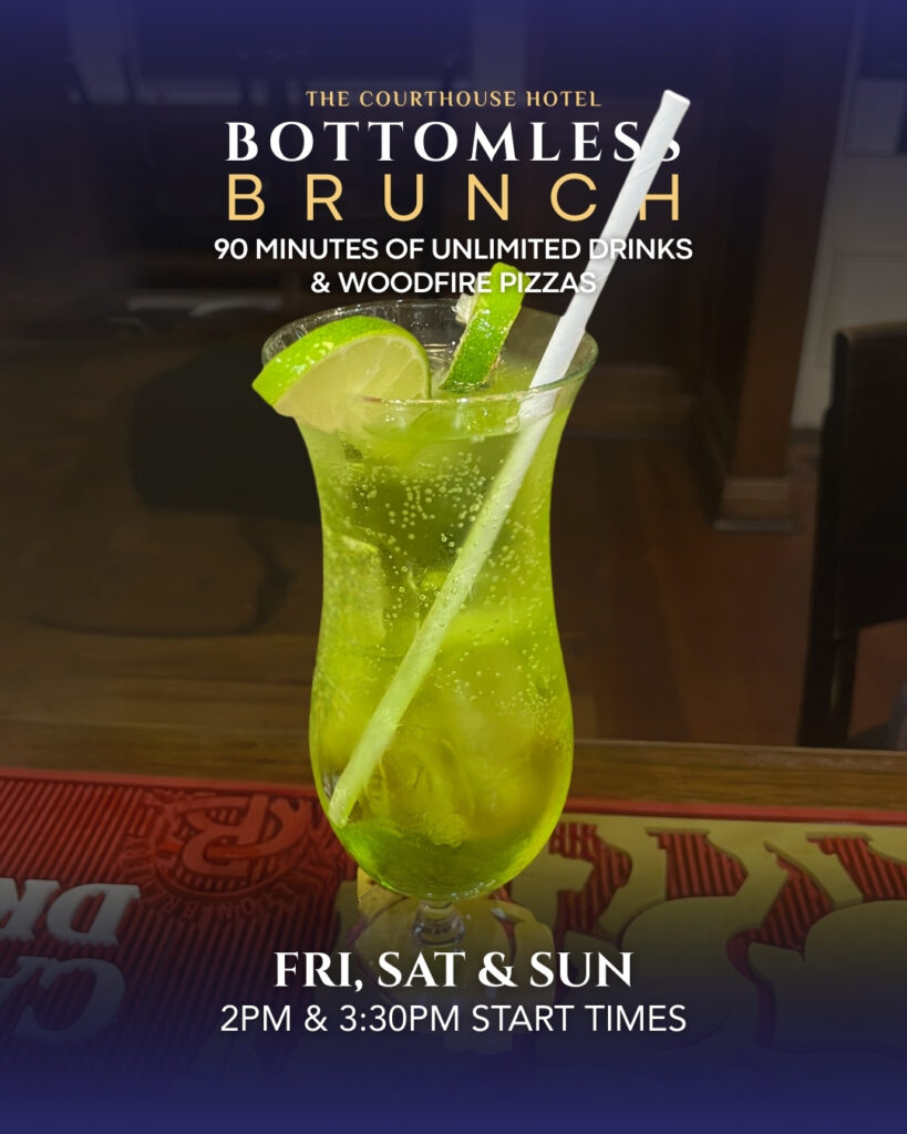 Bottomless Brunch promotional graphic at The Courthouse Hotel Smythesdale showing 90 minutes of unlimited drinks and woodfired pizzas with start times 2PM and 3:30PM.