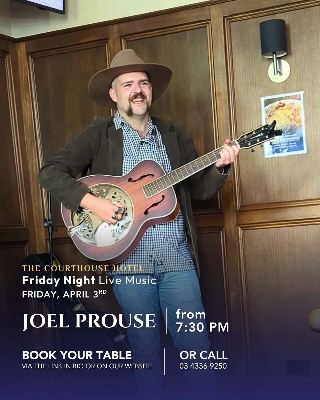 Joel Prouse performing live at The Courthouse Hotel Smythesdale on Friday 3 April 2026 from 7:30PM