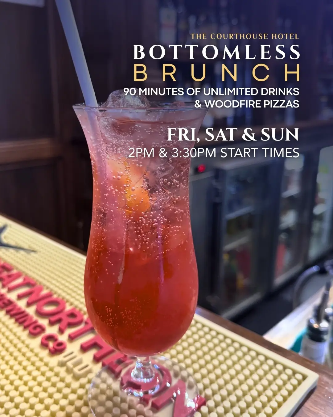 Bottomless Brunch cocktail on the bar at The Courthouse Hotel Smythesdale with 90 minutes unlimited drinks and woodfired pizzas.