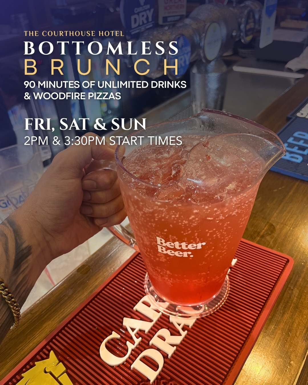 Bottomless Brunch at The Courthouse Hotel Smythesdale with cocktails and woodfired pizzas, $70pp 90 minutes unlimited drinks