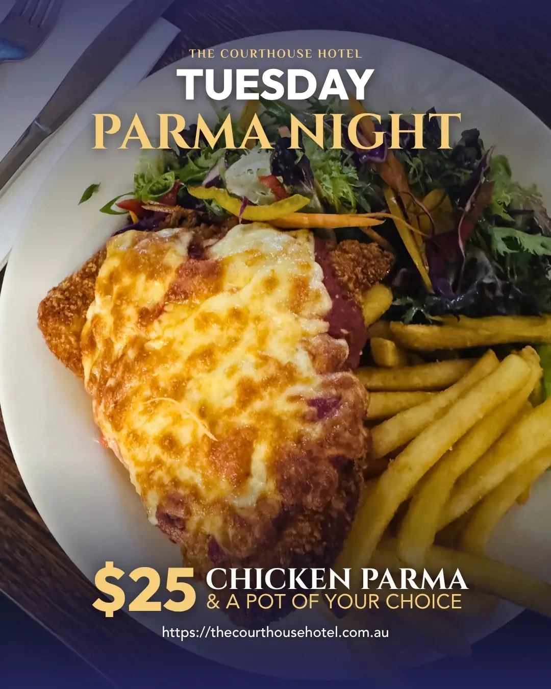 $25 chicken parma with a free pot for Tuesday Parma Night at The Courthouse Hotel Smythesdale