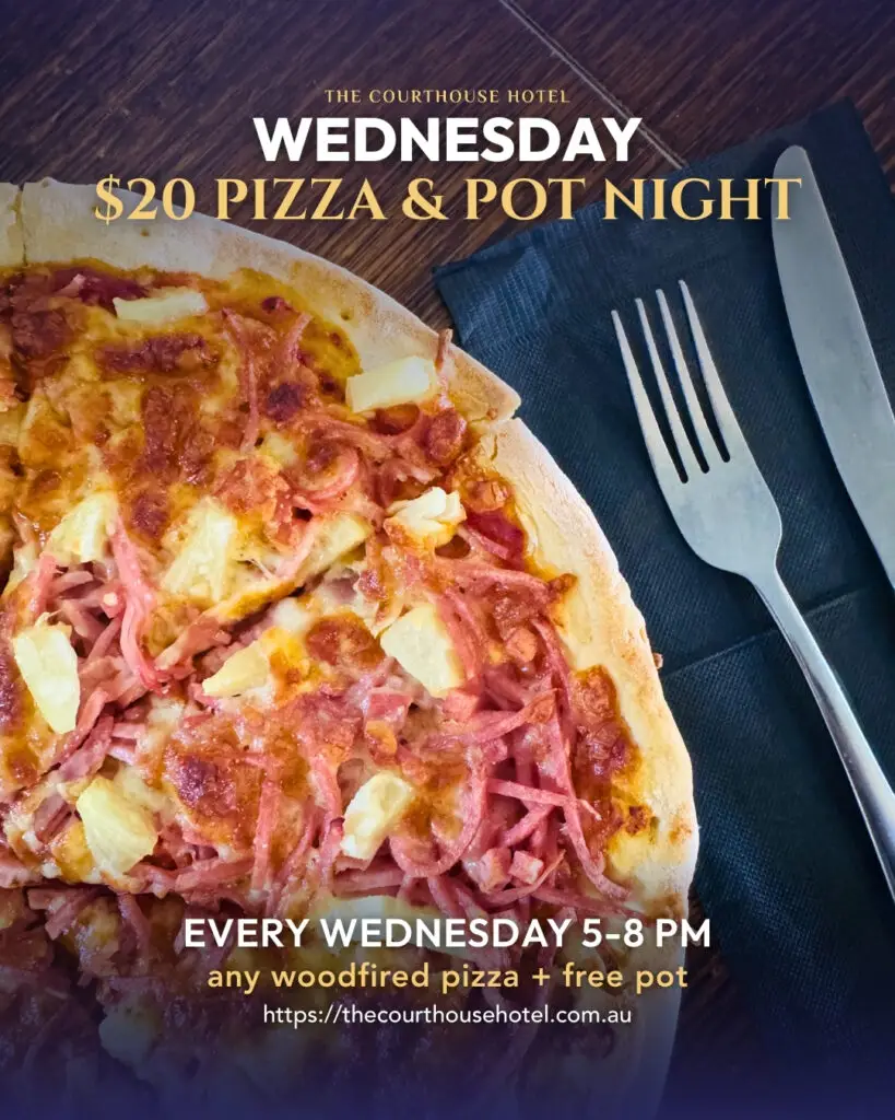 Woodfired pizza on a plate at The Courthouse Hotel Smythesdale Wednesday $20 Pizza and Pot Night.