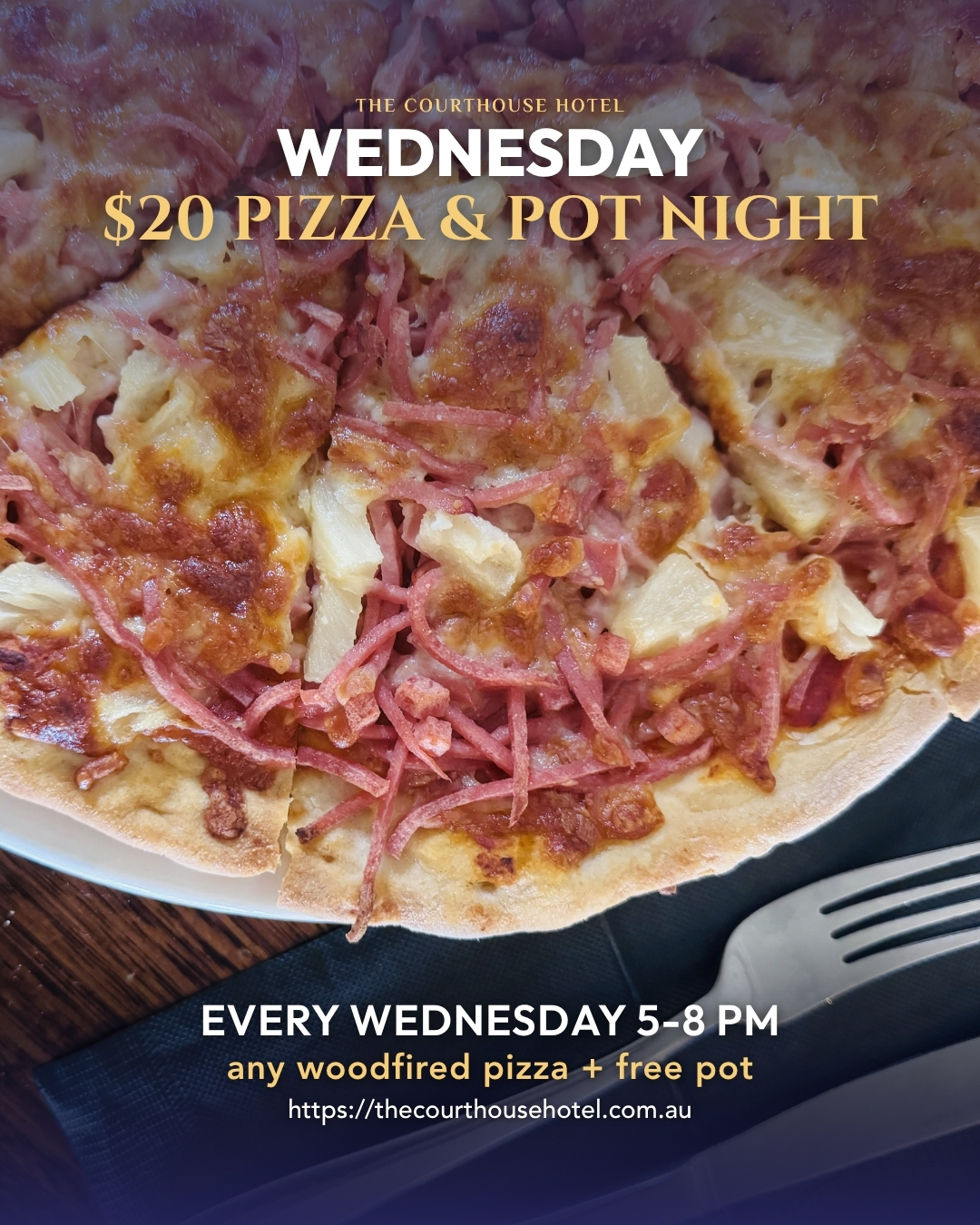 $20 woodfired pizza and pot Wednesday Pizza and Pot Night at The Courthouse Hotel Smythesdale 5PM to 8PM