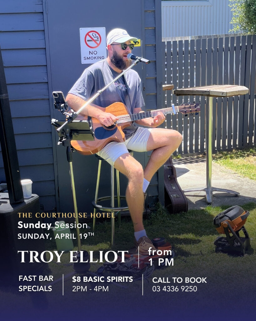 Acoustic musician performing outdoors at The Courthouse Hotel Smythesdale Sunday Session April 19 2026