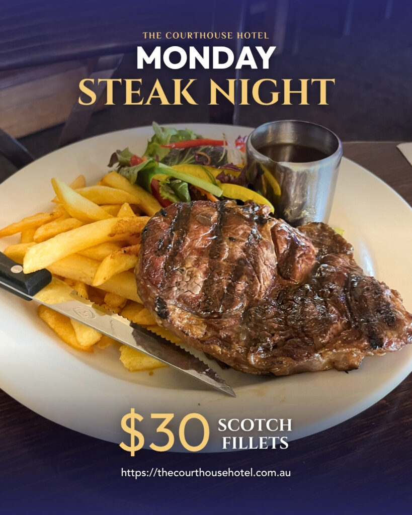 $30 scotch fillet steak served with chips and salad at The Courthouse Hotel Smythesdale Monday Steak Night
