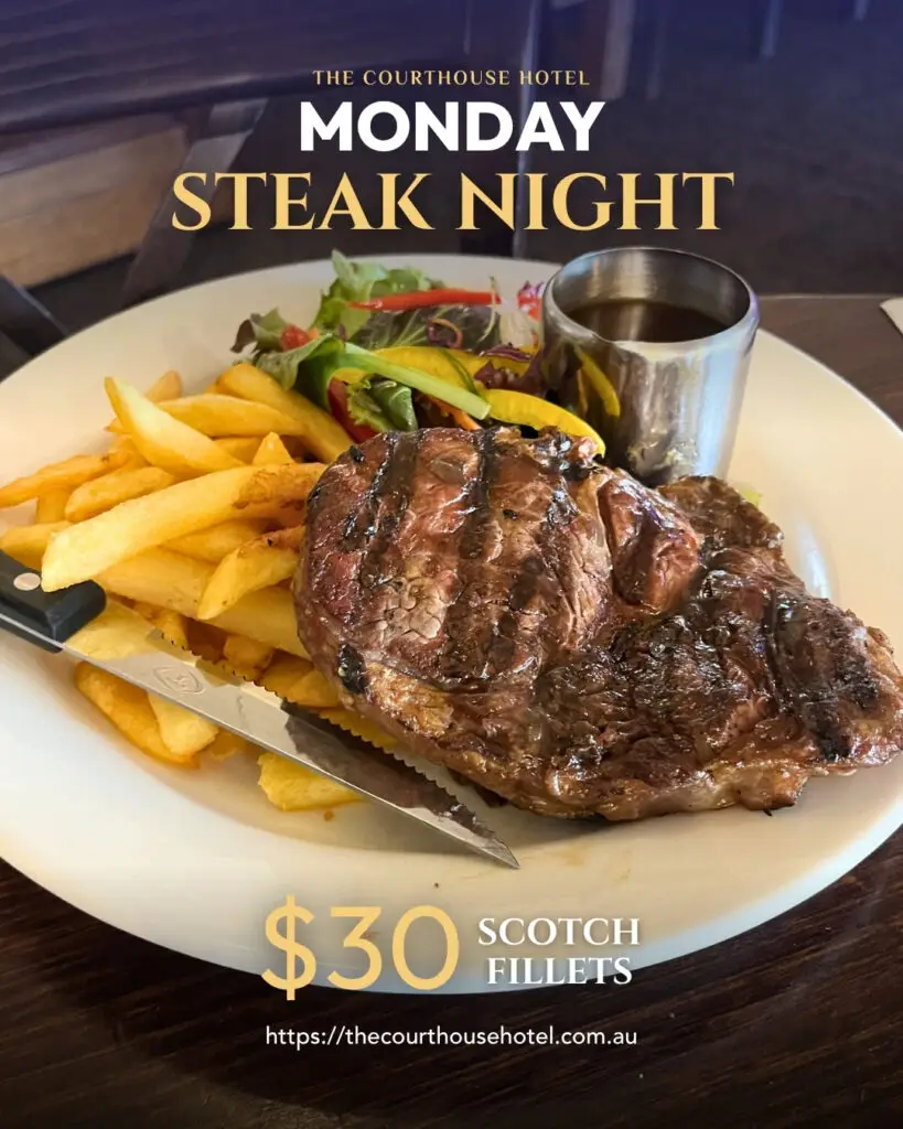 $30 Scotch fillet steak served with chips and salad at The Courthouse Hotel Smythesdale Monday Steak Night