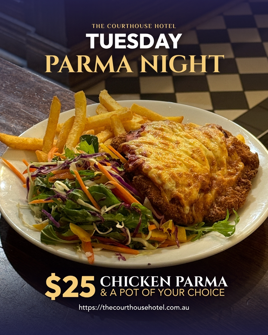 Chicken parma with chips and salad at The Courthouse Hotel Smythesdale Tuesday Parma Night